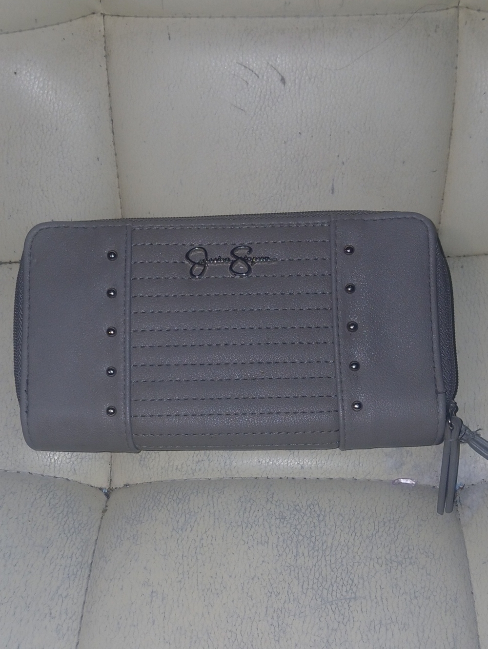 Jessica Simpson Gray Quilted Zip Wallet with Stud Accents